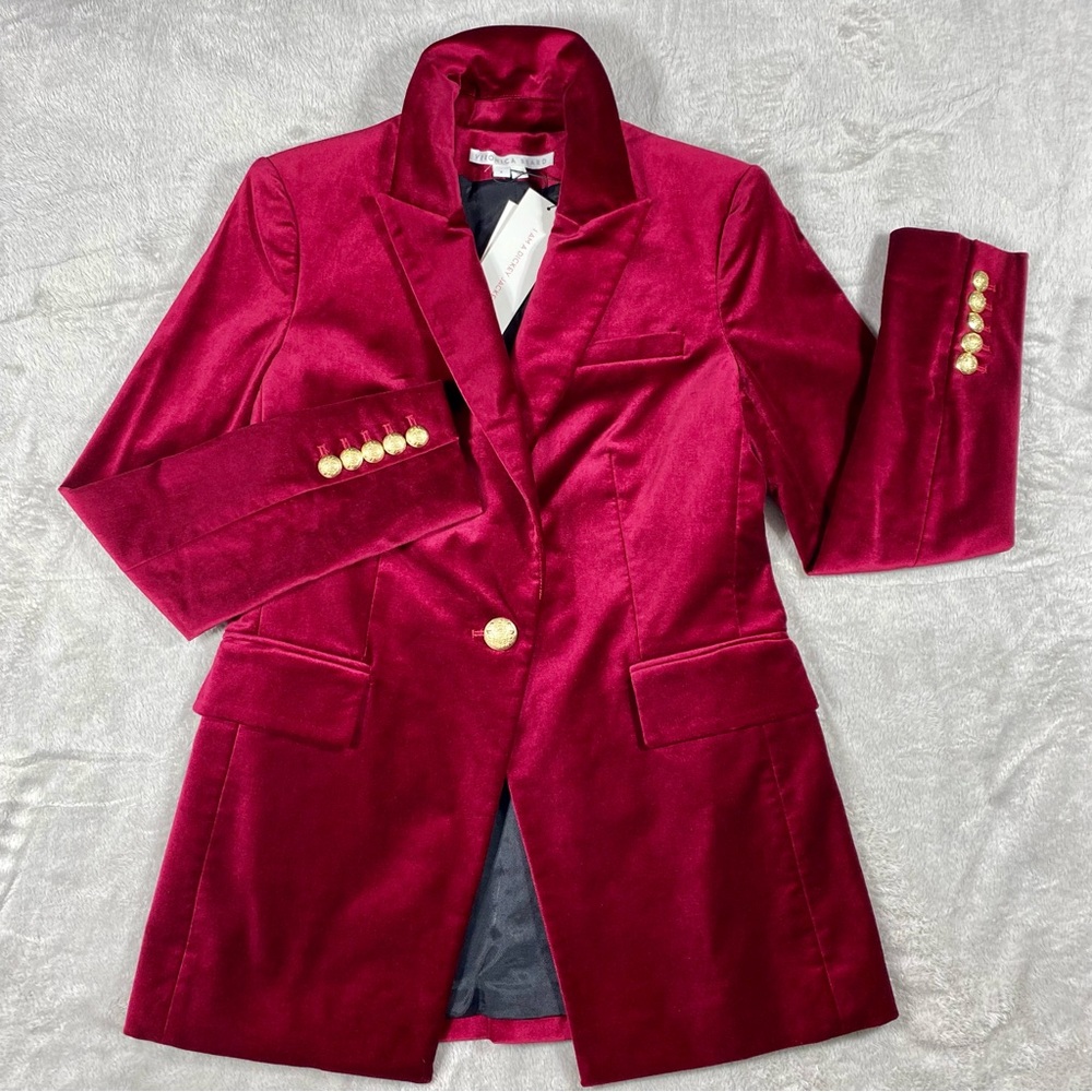 NWT VERONICA BEARD Dickey Jacket Blazer sz 4 Long Lean Burgundy Red VELVET $750